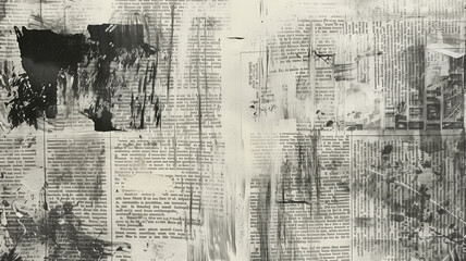 Distressed newspaper texture in black and white with torn and ink-stained areas for vintage aesthetic