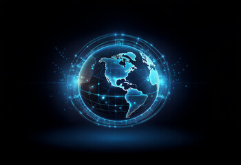 A stylized, blue, glowing, digital globe. The globe is centered in the image and is surrounded by concentric rings of light.