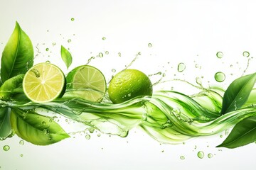 splash of green tea and lime, leaves swirling around the limes and water droplet, white background
