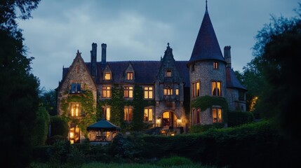 Obraz premium A castle under a twilight sky, illuminated by soft lights, with ivy-covered walls and tall turrets
