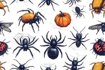 Seamless pattern with various spiders, insects, and pumpkin for halloween decorations