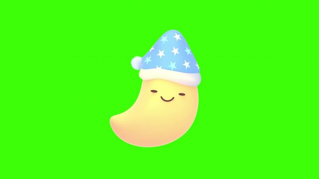 Looped cartoon moon with nightcap object on green screen animation.
