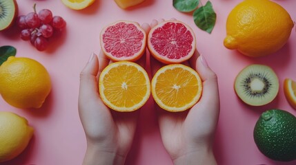 Woman holding orange and grapefruit slices with fresh fruit on pink background