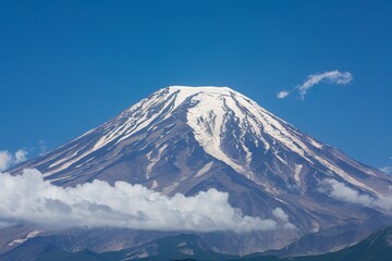 A majestic mountain with its snow-capped peak and rugged slopes