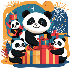 Naklejka premium Pandas Celebrating with Gifts and Fireworks