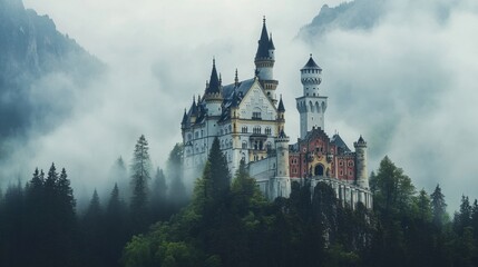 Fototapeta premium A grand fairytale castle perched on a mountain, with tall spires and towers