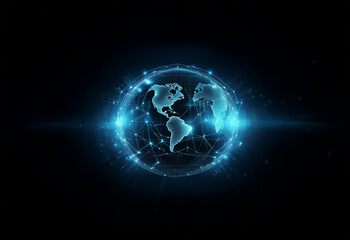 Fototapeta premium A glowing blue digital globe with a network of lines connecting different points on the world map.