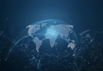 Fototapeta premium A stylized world map is centered within a glowing network of lines and points against a dark blue background.