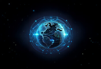 Obraz premium A glowing blue sphere, resembling Earth, is surrounded by connected lines and nodes against a dark background. The sphere appears to be floating in space.