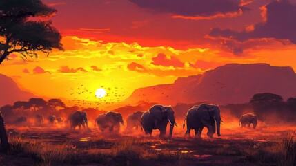 Fototapeta premium A herd of elephants crossing an open savannah at sunset, dust rising from their steps