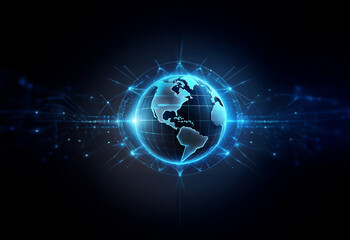 Obraz premium A glowing blue globe with a network of lines extending outward, representing global connectivity and the flow of information.