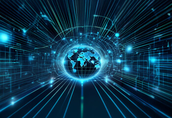 A glowing blue Earth is surrounded by lines of light radiating outward, representing global connectivity.