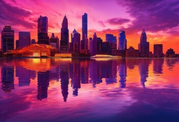 Obraz premium vibrant dynamic city skylines bathed sunset glow featuring striking reflections water colorful skies architectural wonders, architecture, buildings, urban