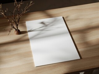 blank a4 natural white paper on wooden coffee table, casting bold shadows for a minimalist and luxurious aesthetic. Paper mockup