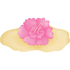 Pink hibiscus flower on sand the beach  hand drawn transparency illustration 
