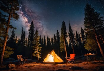 stunning inviting campsite setup under starry night sky featuring comfortable gear nature elements, camping, stars, tent, sleeping, bag, firepit, lantern
