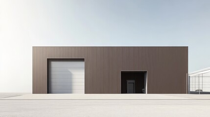 Modern Industrial Building: A sleek and contemporary industrial building with a large garage door, showcasing a minimalist design aesthetic perfect for a variety of commercial and industrial uses.  