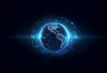 Obraz premium A glowing blue digital globe with a network of lines radiating out from it against a dark background.