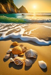 Obraz premium vibrant seashells resting smooth sandy beach beautiful natural backdrop breathtaking coastal scenery, ocean, shore, wave, texture, pattern, nature, summer