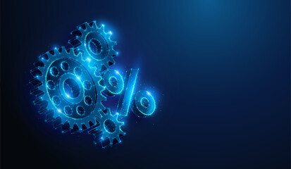 Abstract illustration of low poly 3d percentage model and gear. Blue geometric background depicting marketing, finance, investment business concept by wireframe connection structure