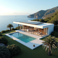 Fototapeta premium White house with a pool and a view of the ocean