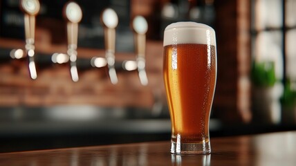 A clear glass of beer with foam on top on a wooden bar surface.