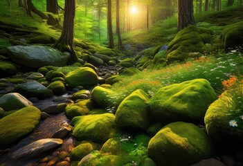 lush vivid moss covered stones surrounded vibrant greenery flourishing forest landscape, nature, foliage, textures, flora, sunshine, shadows, colors