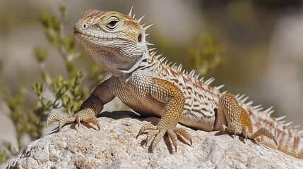 Fototapeta premium A small, spiky lizard with a light brown and white pattern sits on a rock in a desert environment.