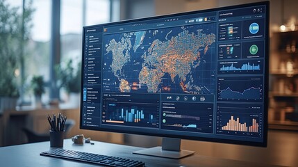 Fototapeta premium A large monitor displays a data dashboard with a world map and multiple charts, graphs, and metrics.