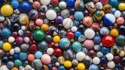 A surface densely covered with smooth marbles of various colors and patterns, filling the entire frame with a glossy, playful texture and a mix of vibrant hues.