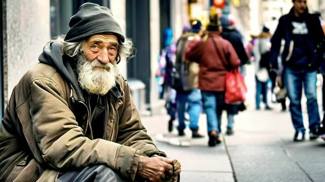 an old homeless man sitting on the sidewalk with people milling about