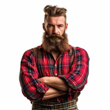 Confident Scottish man in traditional highlander outfit on white background