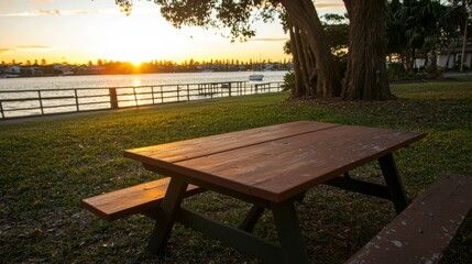 Fototapeta premium Serene sunset view over a tranquil lake with a wooden picnic table in a scenic park setting
