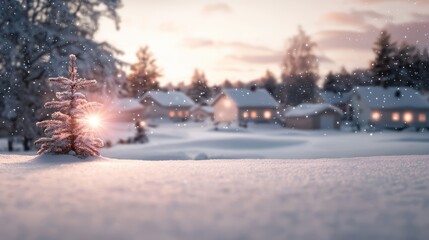 Enchanting winter evening captivating snow-covered landscape with charming houses and sparkling christmas lights