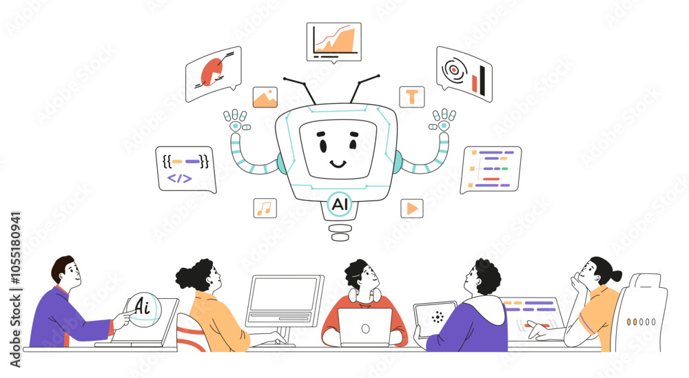 Wall mural group of different professionals sitting at one desk interacting with artificial intelligence concep