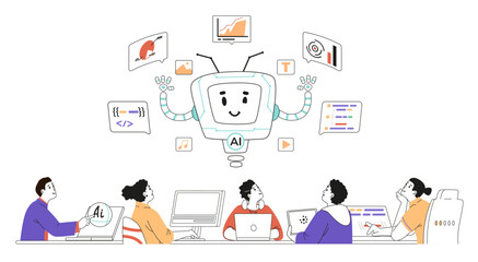 Group of different professionals sitting at one desk interacting with artificial intelligence concept. Men and women hugging with AI robot character linear vector illustration isolated on white.