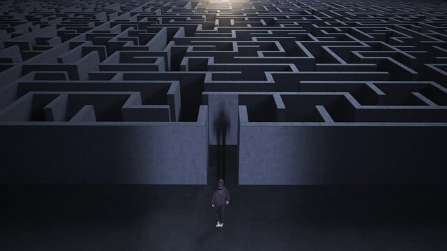 Man entering to dark labyrinth. Dark walls maze and man walking to entrance looking to far exit. Maze concept for finding solution, way to success, getting lost in huge mysterious maze.