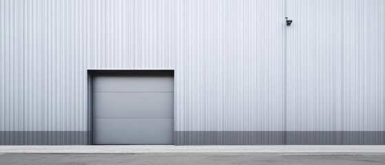 Industrial Building Exterior: Modern gray corrugated metal warehouse wall with a large gray roll-up door.  Clean lines and minimalist design.