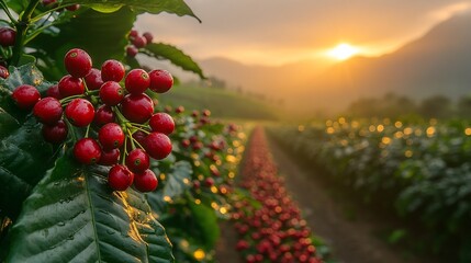 Close-up of coffee berries on a branch in a plantation at sunrise.