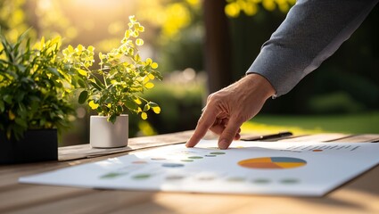Fototapeta premium A hand points at a report filled with colorful charts and graphs, surrounded by lush green plants in vibrant pots, capturing a moment of analysis in a tranquil outdoor setting.