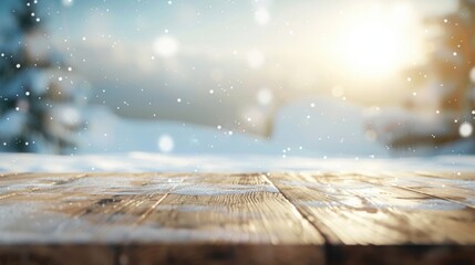 Wooden table with snow in winter forest background. Empty rustic wood plank tabletop on foreground of abstract frosty snowy trees. Winter landscape. Christmas card