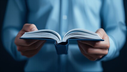 Close-up of hands holding an open blue book, its crisp pages visible against a softly blurred background, evoking curiosity and a tranquil atmosphere.