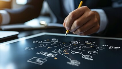 A focused hand draws intricate diagrams and flowcharts on a digital tablet, surrounded by paperwork. The atmosphere conveys creativity, innovation, and strategic thinking.