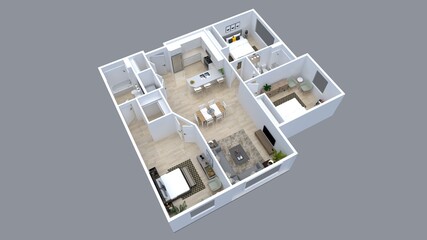 3D Floor plan of a2 Bedroom home, 3D illustration. Open concept living apartment layout