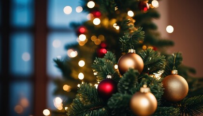 Fototapeta premium Close up christmas tree decorated with christmas balls