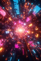 Fototapeta premium Futuristic High-Speed Neon Tunnel with Glowing Digital Panels and Holographic Effects