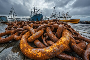 A pile of old, rusted chains on a fishing dock, symbolizing hard labor, time, and the harshness of sea life, with a backdrop of fishing boats and a cloudy, overcast sky