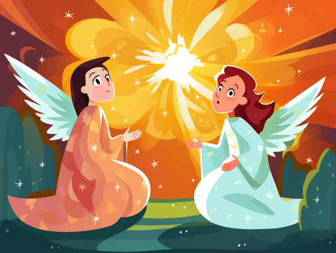generated illustration of comic style pof 2 angels happy expression
