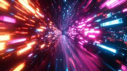 Futuristic High-Speed Neon Tunnel with Glowing Digital Panels and Holographic Effects