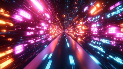 Futuristic High-Speed Neon Tunnel with Glowing Digital Panels and Holographic Effects